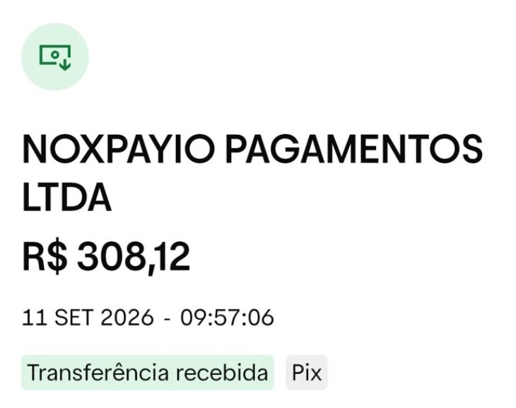 Notificação de PIX de R$ 308,12 recebido via Noxpayio, saque do Hub Data