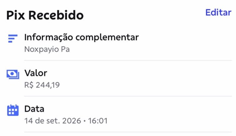 Notificação de PIX de R$ 244,19 recebido via Noxpayio, saque do Hub Data