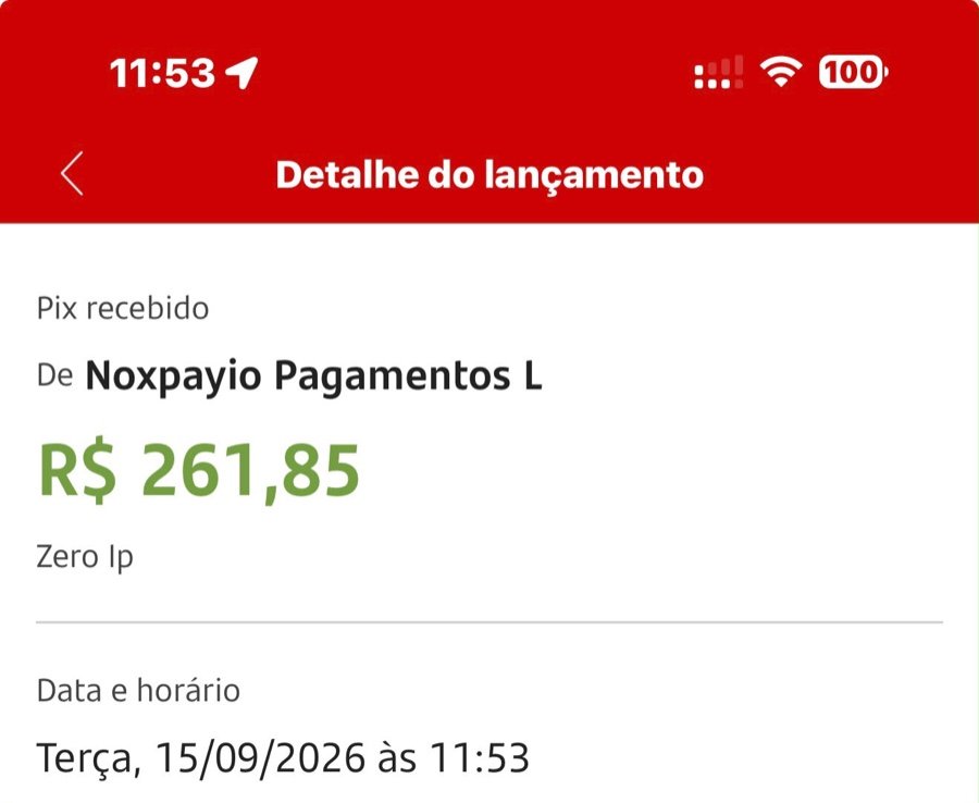 Notificação de PIX de R$ 261,85 recebido via Noxpayio, saque do Hub Data