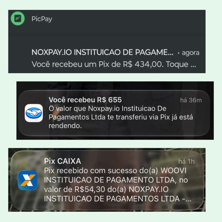 Três prints reais de Pix que usuários receberam da Hub Data: R$ 434,00 no PicPay, R$ 655 no Mercado Pago e R$ 54,30 na Caixa